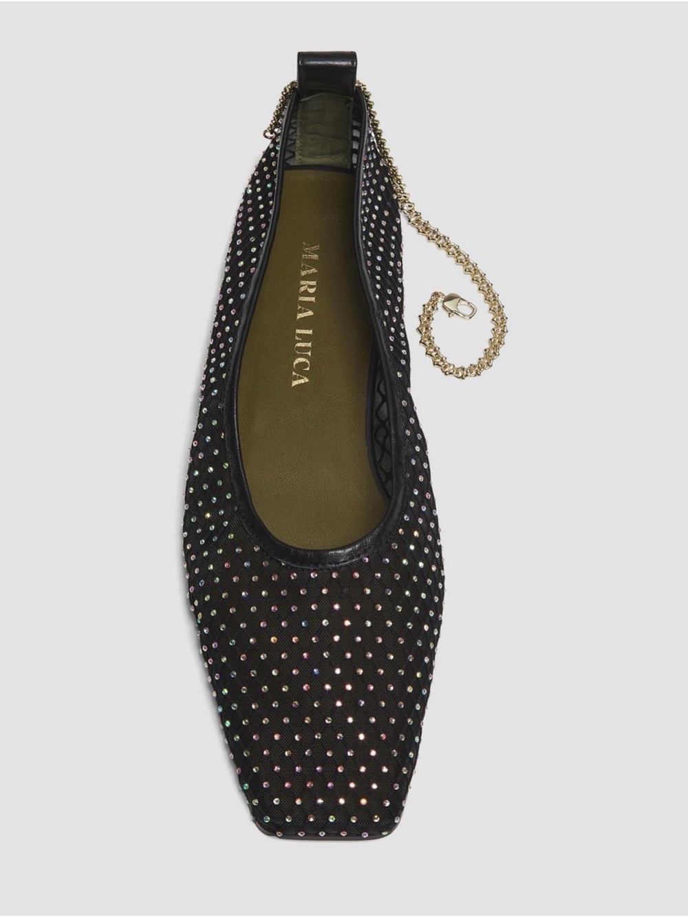 Maria Luca Augusta Mesh Square-Toe Ballet Flats with Rhinestones and ankle chain